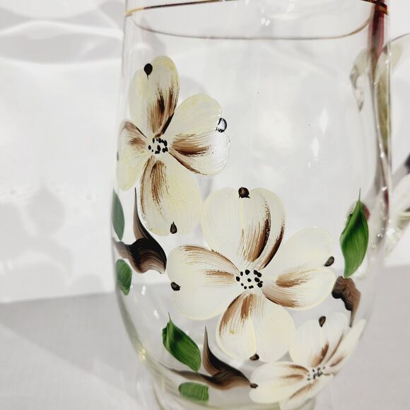 Vtg Art Glass Pitcher Hand Painted Floral Flowers White Brown MCM 9in - Picture 9 of 12
